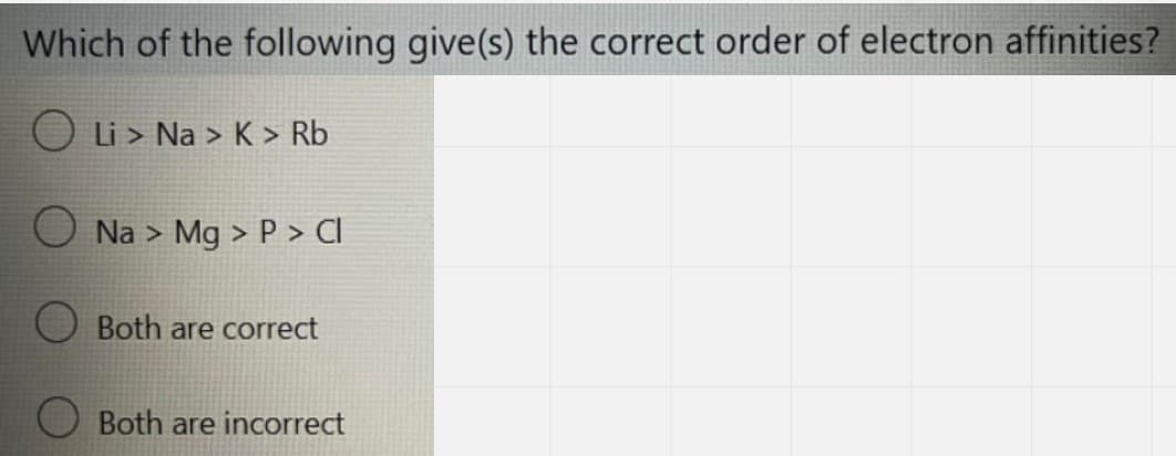 Which of the following give(s) the correct order of electron affinities?
O Li > Na > K > Rb
Na > Mg > P > CI
Both are correct
Both are incorrect
