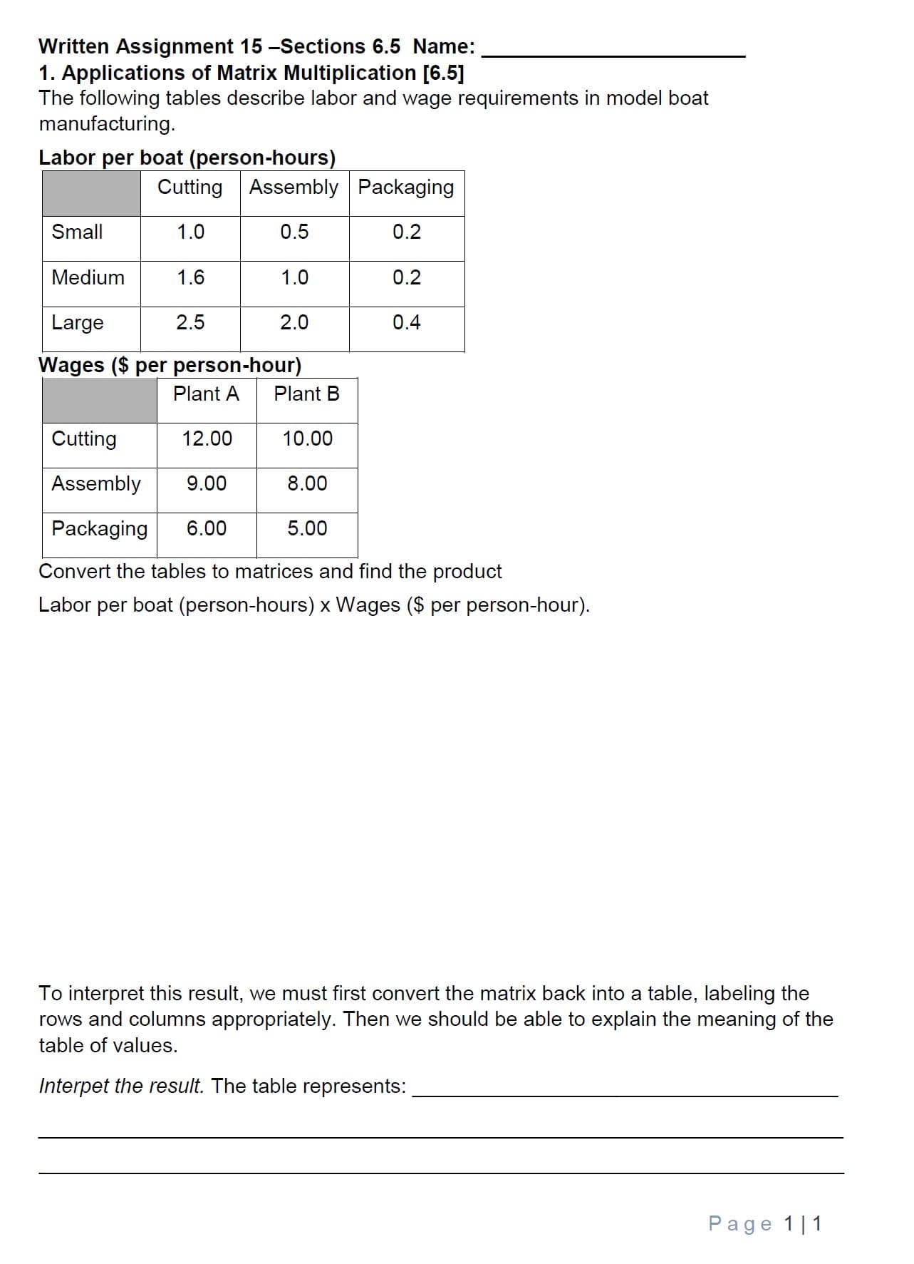 Written Assignment 15 -Sections 6.5 Name:
1. Applications of Matrix Multiplication [6.5]
The following tables describe labor and wage requirements in model boat
manufacturing
Labor per boat (person-hours)
Cutting Assembly Packaging
Small
Medium
Large
0.2
0.2
0.4
0.5
2.0
2.5
Wages ($ per person-hour)
Plant APlant B
10.00
8.00
5.00
Cutting
Assembly 9.00
Packaging 6.00
12.00
Convert the tables to matrices and find the product
Labor per boat (person-hours) x Wages ($ per person-hour)
To interpret this result, we must first convert the matrix back into a table, labeling the
rows and columns appropriately. T hen we should be able to explain the meaning of the
table of values.
Interpet the result. The table represents:
Page
