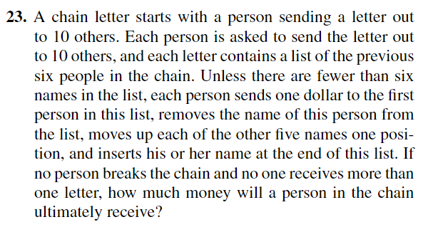 23. A chain letter starts with a person sending a letter out
to 10 others. Each person is asked to send the letter out
to 10 others, and each letter contains a list of the previous
six people in the chain. Unless there are fewer than six
names in the list, each person sends one dollar to the first
person in this list, removes the name of this person from
the list, moves up each of the other five names one posi-
tion, and inserts his or her name at the end of this list. If
no person breaks the chain and no one receives more than
one letter, how much money will a person in the chain
ultimately receive?