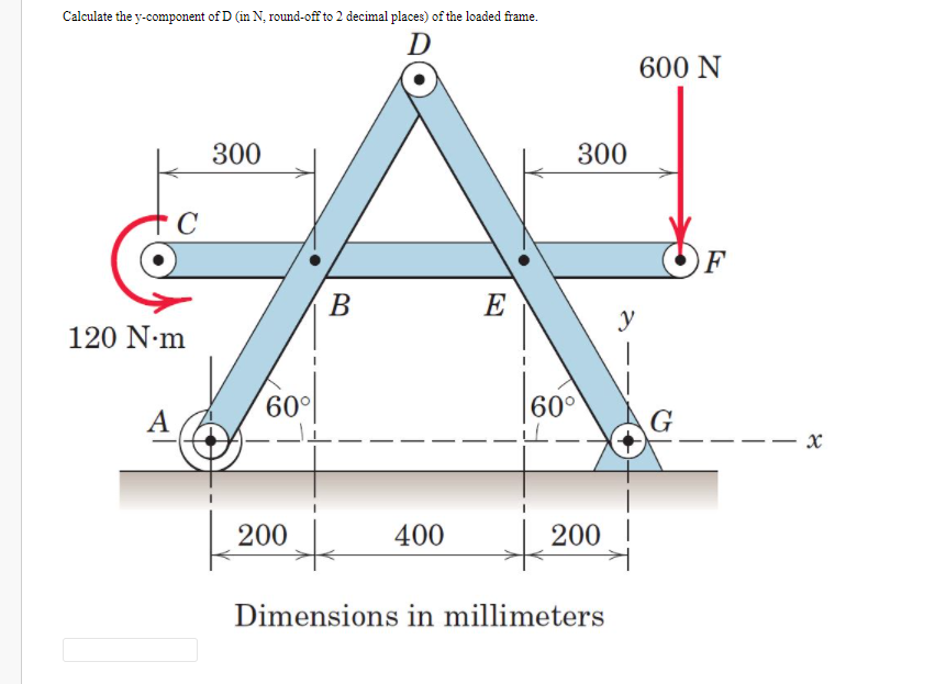 Calculate the y-component of D (in N, round-off to 2 decimal places) of the loaded frame.
D
600 N
300
300
F
В
E
y
120 N-m
60°
60°
А
200
400
200
Dimensions in millimeters
