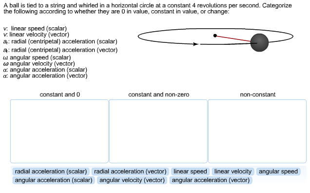 A ball is tied to a string and whirled in a horizontal circle at a constant 4 revolutions per second. Categorize
the following according to whether they are 0 in value, constant in value, or change:
v: linear speed (scalar)
v. linear velocity (vector)
a: radial (centripetal) acceleration (scalar)
a: radial (centripetal) acceleration (vector)
u angular speed (scalar)
w angular velocity (vector)
a angular acceleration (scalar)
a angular acceleration (vector
constant and non-zero
constant and 0
non-constant
radial acceleration (scalar)
radial acceleration (vector)
angular velocity (vector)
linear velocity
angular acceleration (vector)
linear speed
angular speed
angular acceleration (scalar)
