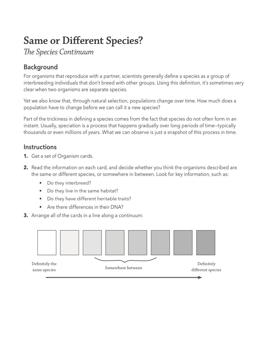 Same or Different Species?
The Species Continuum
Background
For organisms that reproduce with a partner, scientists generally define a species as a group of
interbreeding individuals that don't breed with other groups. Using this definition, it's sometimes very
clear when two organisms are separate species.
Yet we also know that, through natural selection, populations change over time. How much does a
population have to change before we can call it a new species?
Part of the trickiness in defining a species comes from the fact that species do not often form in an
instant. Usually, speciation is a process that happens gradually over long periods of time-typically
thousands or even millions of years. What we can observe is just a snapshot of this process in time.
Instructions
1. Get a set of Organism cards.
2. Read the information on each card, and decide whether you think the organisms described are
the same or different species, or somewhere in between. Look for key information, such as:
Do they interbreed?
Do they live in the same habitat?
Do they have different heritable traits?
Are there differences in their DNA?
3. Arrange all of the cards in a line along a continuum:
Definitely the
Definitely
different species
Somewhere between
same species
