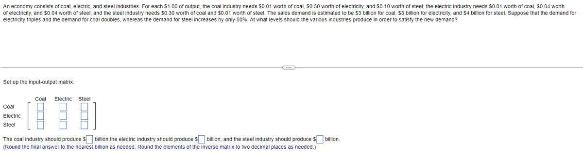 An economy consists of coal, electric, and steel industries. For each $1.00 of output, the coal industry needs $0.01 worth of coal, $0.30 worth of electricity, and $0.10 worth of steel; the electric industry needs $0.01 worth of coal, $0.04 worth
of electricity, and $0.04 worth of steel; and the steel industry needs $0.30 worth of coal and $0.01 worth of steel. The sales demand is estimated to be $3 billion for coal, $3 billion for electricity, and $4 billion for steel. Suppose that the demand for
electricity triples and the demand for coal doubles, whereas the demand for steel increases by only 50%. At what levels should the various industries produce in order to satisfy the new demand?
Set up the input-output matrix.
Coal
Electric
Steel
Coal Electric Steel
The coal industry should produce $ billion the electric industry should produce s billion, and the steel industry should produce $
(Round the final answer to the nearest billion as needed. Round the elements of the inverse matrix to two decimal places as needed.)
billion.