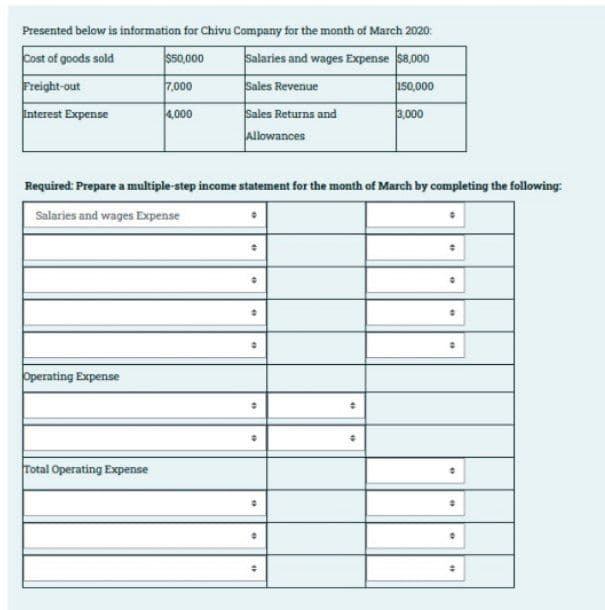 Presented below is information for Chivu Company for the month of March 2020:
Cost of goods sold
Salaries and wages Expense S8,000
Sales Revenue
Sales Returns and
Allowances
s50,000
Freight-out
7,000
as0,000
Interest Expense
4,000
3,000
Required: Prepare a multiple-step income statement for the month of March by completing the following:
Salaries and wages Expense
Operating Expense
Total Operating Expense
