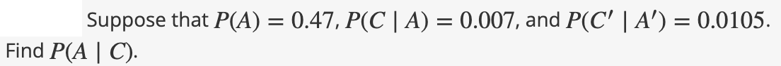 Suppose that P(A) = 0.47, P(C | A) = 0.007, and P(C' | A') = 0.0105.
Find P(A | C).
