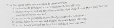 12) A favorable labor rate variance is created when:
A) actual units produced exceed standard hours allowed
B) actual wages paid are less than amounts that should have bcen paid for the
number of hours worked
C) actual units produced exceed budgeted production levels
D) actual labor hours worked exceed standard hours allowed
E) actual hours worked are less than standard hours allowed.
