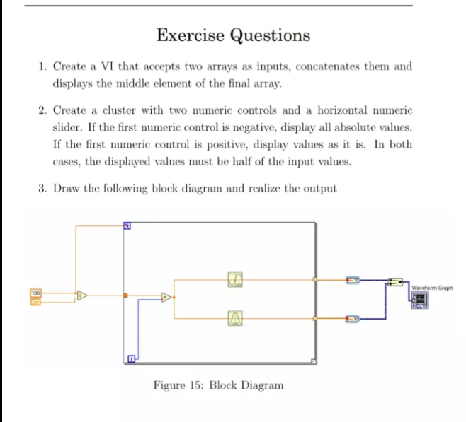 Exercise Questions
1. Create a VI that accepts two arrays as inputs, concatenates them and
displays the middle element of the final array.
2. Create a cluster with two numeric controls and a horizontal numeric
slider. If the first numeric control is negative, display all absolute values.
If the first numeric control is positive, display values as it is. In both
cases, the displayed values must be half of the input values.
3. Draw the following block diagram and realize the output
Waveform Graph
100
Figure 15: Block Diagram
