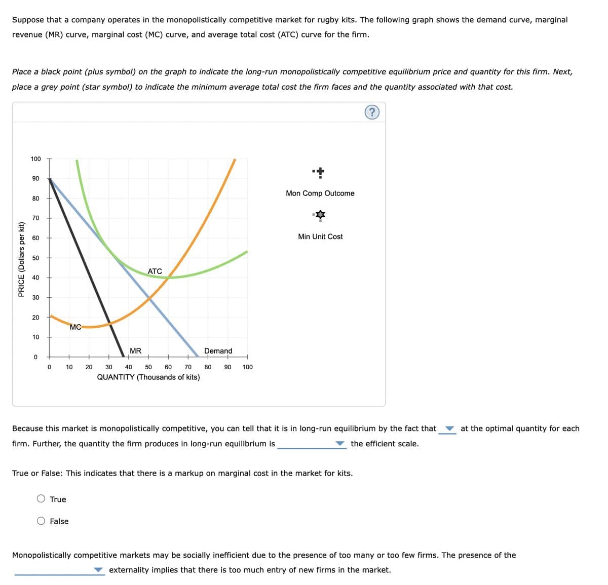 Suppose that a company operates in the monopolistically competitive market for rugby kits. The following graph shows the demand curve, marginal
revenue (MR) curve, marginal cost (MC) curve, and average total cost (ATC) curve for the firm.
Place a black point (plus symbol) on the graph to indicate the long-run monopolistically competitive equilibrium price and quantity for this firm. Next,
place a grey point (star symbol) to indicate the minimum average total cost the firm faces and the quantity associated with that cost.
PRICE (Dollars per kit)
100
90
80
70
60
50
ATC
20
10
MC
MR
Demand
0
F
0
10
20
30
40
50
60
70
80
90 100
QUANTITY (Thousands of kits)
Mon Comp Outcome
Min Unit Cost
Because this market is monopolistically competitive, you can tell that it is in long-run equilibrium by the fact that
firm. Further, the quantity the firm produces in long-run equilibrium is
the efficient scale.
True or False: This indicates that there is a markup on marginal cost in the market for kits.
○ True
False
at the optimal quantity for each
Monopolistically competitive markets may be socially inefficient due to the presence of too many or too few firms. The presence of the
externality implies that there is too much entry of new firms in the market.