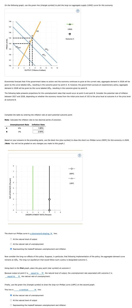 On the following graph, use the green line (triangle symbol) to plot the long-run aggregate supply (LRAS) curve for this economy.
108
107
105
104
AD 2007
102
101
100
D
2
LRAS
AS
10
AD
ADA
12
14
16
OUTPUT (Trilions of dollars)
Outcome C
Economists forecast that if the government takes no action and the economy continues to grow at the current rate, aggregate demand in 2028 will be
given by the curve labeled ADA, resulting in the outcome given by point A. If, however, the government pursues an expansionary policy, aggregate
demand in 2028 will be given by the curve labeled AD, resulting in the outcome given by point B.
The following table presents projections for the unemployment rates that would occur at point A and point B. Consider the potential rate of inflation
between 2027 and 2028, depending on whether the economy moves from the initial price level of 102 to the price level at outcome A or the price level
at outcome B.
Complete the table by entering the inflation rate at each potential outcome point.
Note: Calculate the inflation rate to two decimal points of precision.
Unemployment Rate Inflation Rate
6%
3%
1.96%
2.94%
Based on your answers to the preceding parts, use the black line (plus symbol) to draw the short-run Phillips curve (SRPC) for this economy in 2028.
(Note: You will not be graded on any changes you make to this graph.)
1
UNEMPLOYMENT RATE (Percent)
The short-run Phillips curve is a downward-sloping ▼line:
At the natural level of output
At the natural rate of unemployment
Representing the tradeoff between unemployment and inflation
SRPC
LRPC
Now consider the long-run effects of this policy. Suppose, in particular, that following implementation of the policy, the aggregate demand curve
remains at AD. The long-run equilibrium that would follow such a policy is designated outcome C.
Going back to the first graph, place the grey point (star symbol) at outcome C.
Because output at point C is equal to the natural level of output, the unemployment rate associated with outcome C is
equal to
the natural rate of unemployment.
Finally, use the green line (triangle symbol) to draw the long-run Phillips curve (LRPC) on the second graph.
This line is
a vertical
At the natural rate of unemployment
O At the natural level of output
Representing the tradeoff between unemployment and inflation