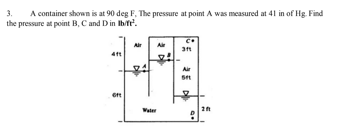 3.
A container shown is at 90 deg F, The pressure at point A was measured at 41 in of Hg. Find
the pressure at point B, C and D in Ib/ft².
Air
Air
3ft
4ft
7B
Air
5ft
6ft
Water
2 ft
