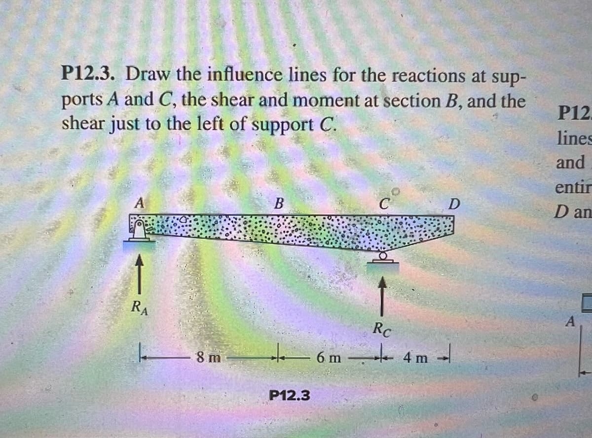 P12.3. Draw the influence lines for the reactions at sup-
ports A and C, the shear and moment at section B, and the
shear just to the left of support C.
RA
L
8 m
B
P12.3
6 m
Rc
4 m
4
P12.
lines
and
entir
D an