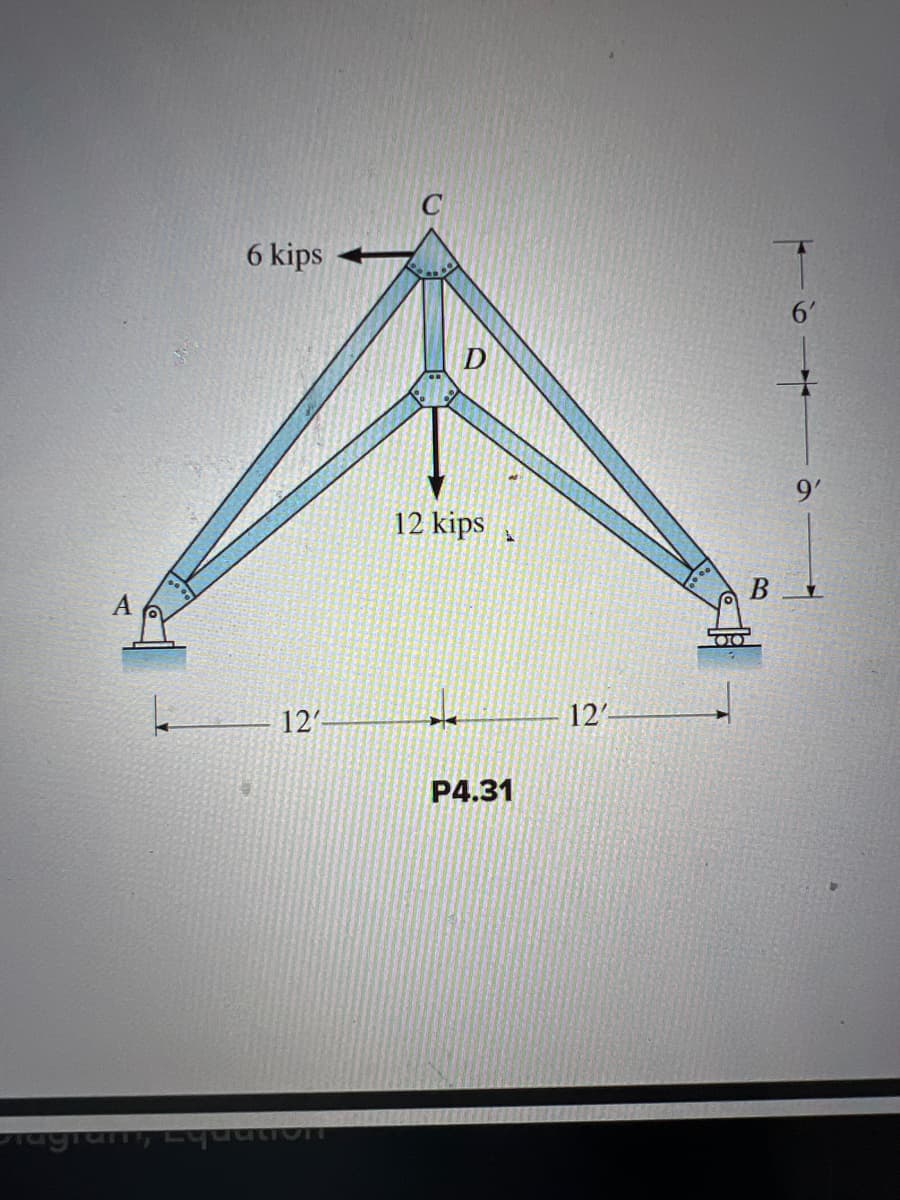 A
6 kips
D
12 kips
12'
12'
P4.31
Plagia
Equation
B
9'