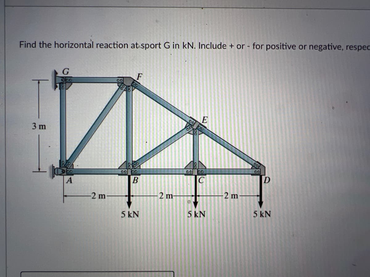 Find the horizontal reaction at sport G in kN. Include + or - for positive or negative, respec
3 m
A
-2 m-
1810
00 00
5 kN
2 m-
E
5 kN
-2 m
5 kN