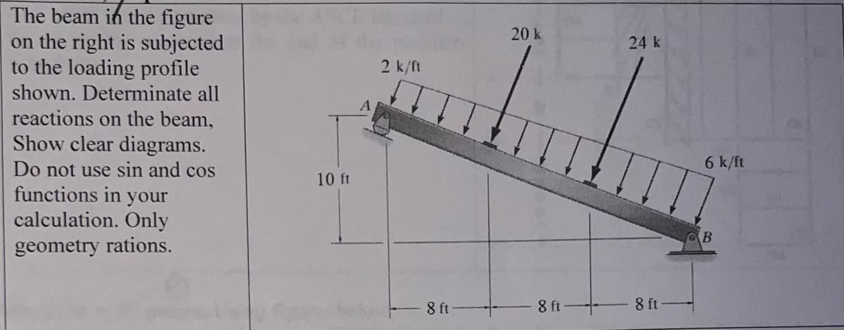 The beam in the figure
on the right is subjected
to the loading profile
shown. Determinate all
reactions on the beam,
Show clear diagrams.
Do not use sin and cos
functions in your
calculation. Only
geometry rations.
10 ft
A
2 k/ft
8 ft
20 k
8 ft
24 k
8 ft
6 k/ft