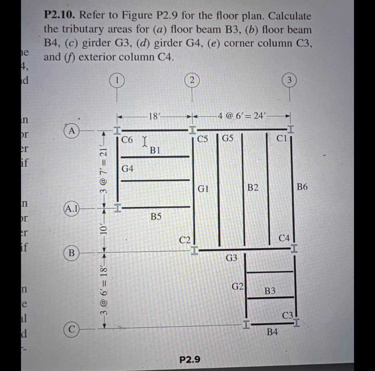 he
4,
d
n
or
er
if
n
or
er
if
n
e
al
d
P2.10. Refer to Figure P2.9 for the floor plan. Calculate
the tributary areas for (a) floor beam B3, (b) floor beam
B4, (c) girder G3, (d) girder G4, (e) corner column C3,
and (f) exterior column C4.
A.1
B
U
-10 3 @ 7' = 21
3 @ 6' 18'
-I
C6 I
G4
18'-
B1
B5
C2
C5
Gl
-I
P2.9
-4 @ 6'-24'-
G5
G3
G2
B2
B3
B4
C4
B6
-I
C3