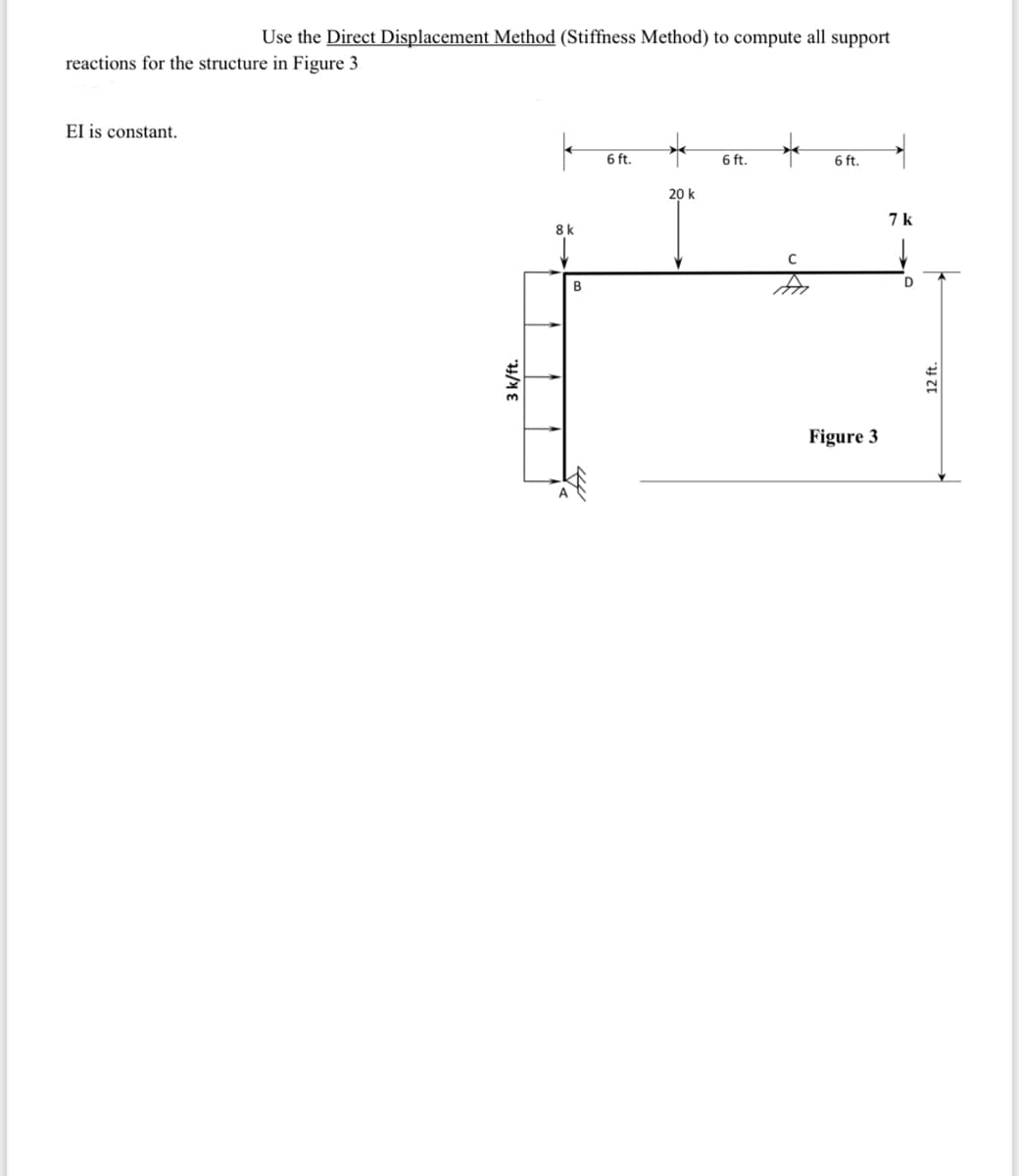 Use the Direct Displacement Method (Stiffness Method) to compute all support
reactions for the structure in Figure 3.
El is constant.
3 k/ft.
|
8 k
B
6 ft.
20 k
6 ft.
*
с
A
6 ft.
Figure 3
7 k
D
12 ft.