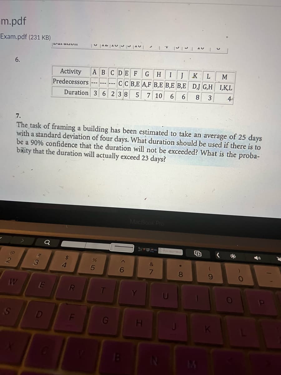 m.pdf
Exam.pdf (231 KB)
@
2
6.
S
W
X
#3
D
DualVIL
O
Activity
Predecessors
A B C D E F G H I J
------ CC B,EA,F B,EB,E B,E D,J G,H
Duration 3 6 238 5 7 10 6 6 8 3
7.
The task of framing a building has been estimated to take an average of 25 days
with a standard deviation of four days. What duration should be used if there is to
be a 90% confidence that the duration will not be exceeded? What is the proba-
bility that the duration will actually exceed 23 days?
$
4
R
|24|20|0|0
%
5
G
6
B
MacBook Pro
brown-
H
|0|| U
&
7
N
* 00
K L M
8
F
9
I,K,L
4
K
-O
P
| '