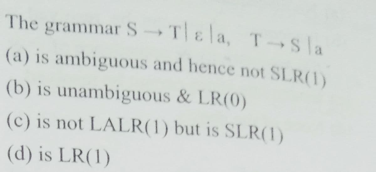 The grammar S TEla, T-Sla
(a) is ambiguous and hence not SLR(1)
(b) is unambiguous & LR(0)
(c) is not LALR(1) but is SLR(1)
(d) is LR(1)
