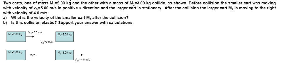 Two carts, one of mass M,=2.00 kg and the other with a mass of M,=3.00 kg collide, as shown. Before collision the smaller cart was moving
with velocity of v=5.00 m/s in positive x direction and the larger cart is stationary. After the collision the larger cart M, is moving to the right
with velocity of 4.0 m/s.
a) What is the velocity of the smaller cart M, after the collision?
b) Is this collision elastic? Support your answer with calculations.
V, =5.0 m/s
M, =2.00 kg
M,=3.00 kg
V2=0 m/s
M,=2.00 kg
M, =3.00 kg
V=?
V2 =4.0 m/s
