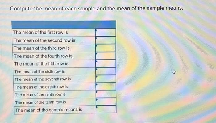 Compute the mean of each sample and the mean of the sample means.
The mean of the first row is
The mean of the second row is
The mean of the third row is
The mean of the fourth row is
The mean of the fifth row is
The mean of the sixth row is
The mean of the seventh row is
The mean of the eighth row is
The mean of the ninth row is
The mean of the tenth row is
The mean of the sample means is