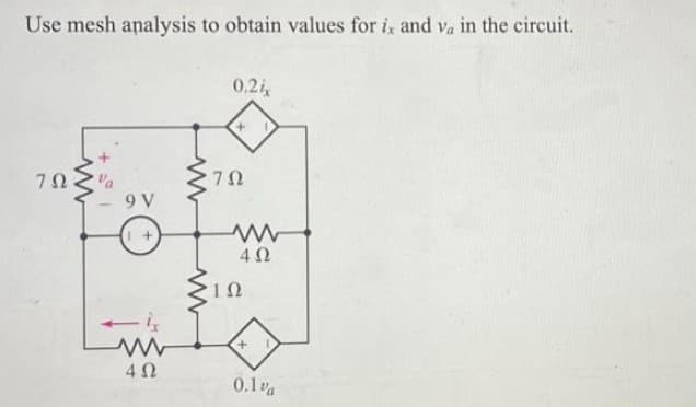 Use mesh analysis to obtain values for ix and va in the circuit.
ΖΩ, να
9V
+
4Ω
www
Μ
0.2i,
ΖΩ
ΤΩ
4 Ω
+
0.1ν.