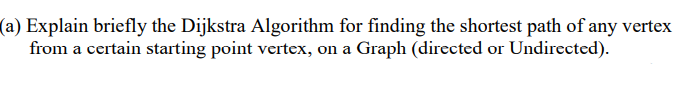 (a) Explain briefly the Dijkstra Algorithm for finding the shortest path of any vertex
from a certain starting point vertex, on a Graph (directed or Undirected).
