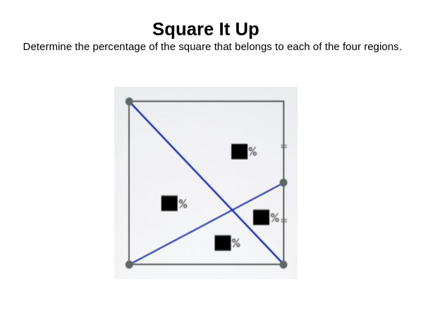 Square It Up
Determine the percentage of the square that belongs to each of the four regions.
%
%
%
