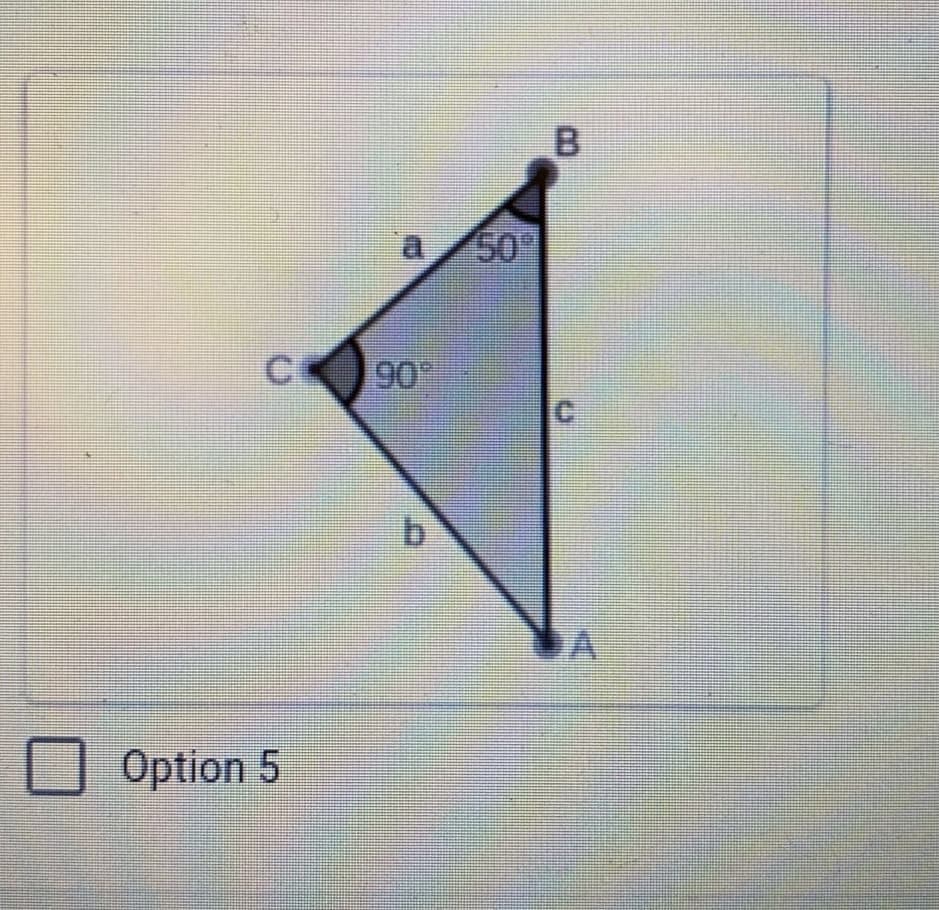 The image presents a right-angled triangle with vertices labeled A, B, and C. Vertex C is the right angle (90°), and the angles at vertices A and B are marked as follows:
- Angle BCA (vertex C angle) is 90°.
- Angle ABC (vertex B angle) is 50°.
- Angle BAC (vertex A angle) can be calculated as 40° because the sum of the angles in a triangle is always 180° (180° - 90° - 50° = 40°).

The sides of the triangle are labeled with lowercase letters corresponding to the vertices opposite them:
- Side a: The side opposite angle BAC, connecting points A and B.
- Side b: The side opposite angle ABC, connecting points A and C.
- Side c: The hypotenuse opposite the right angle, connecting points B and C.

Under the image is a checkbox labeled "Option 5." There are no other options visible in the provided image.