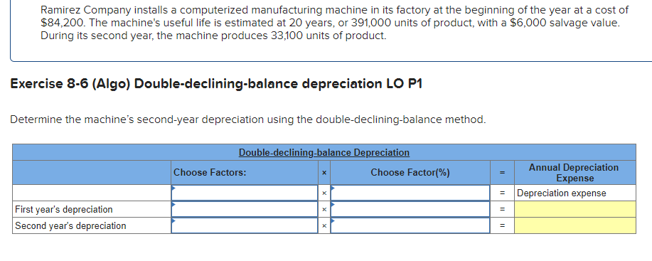 Ramirez Company installs a computerized manufacturing machine in its factory at the beginning of the year at a cost of
$84,200. The machine's useful life is estimated at 20 years, or 391,000 units of product, with a $6,000 salvage value.
During its second year, the machine produces 33,100 units of product.
Exercise 8-6 (Algo) Double-declining-balance depreciation LO P1
Determine the machine's second-year depreciation using the double-declining-balance method.
First year's depreciation
Second year's depreciation
Double-declining-balance Depreciation
Choose Factors:
Choose Factor (%)
=
=
=
=
Annual Depreciation
Expense
Depreciation expense