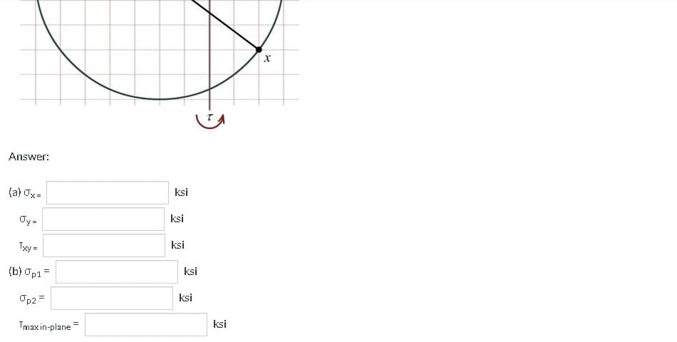 Answer:
(a) ox=
Oy=
Txy =
(b) Op1=
op2 =
Tmax in-plane
ksi
ksi
ksi
ksi
ksi
ksi
X