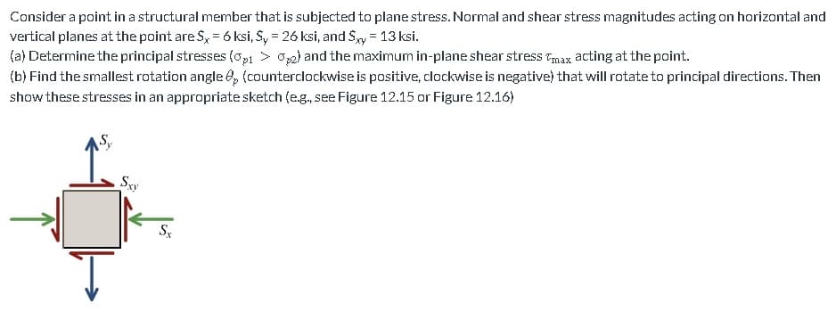 Consider a point in a structural member that is subjected to plane stress. Normal and shear stress magnitudes acting on horizontal and
vertical planes at the point are $x = 6 ksi, Sy = 26 ksi, and Sxy = 13 ksi.
(a) Determine the principal stresses (0,1 > 2) and the maximum in-plane shear stress Tmax acting at the point.
(b) Find the smallest rotation angle (counterclockwise is positive, clockwise is negative) that will rotate to principal directions. Then
show these stresses in an appropriate sketch (e.g., see Figure 12.15 or Figure 12.16)
S₁
Sxy
Sx