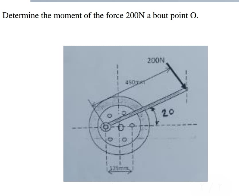 Determine the moment of the force 200N a bout point O.
200N
,
450 pAT
20
325mm
