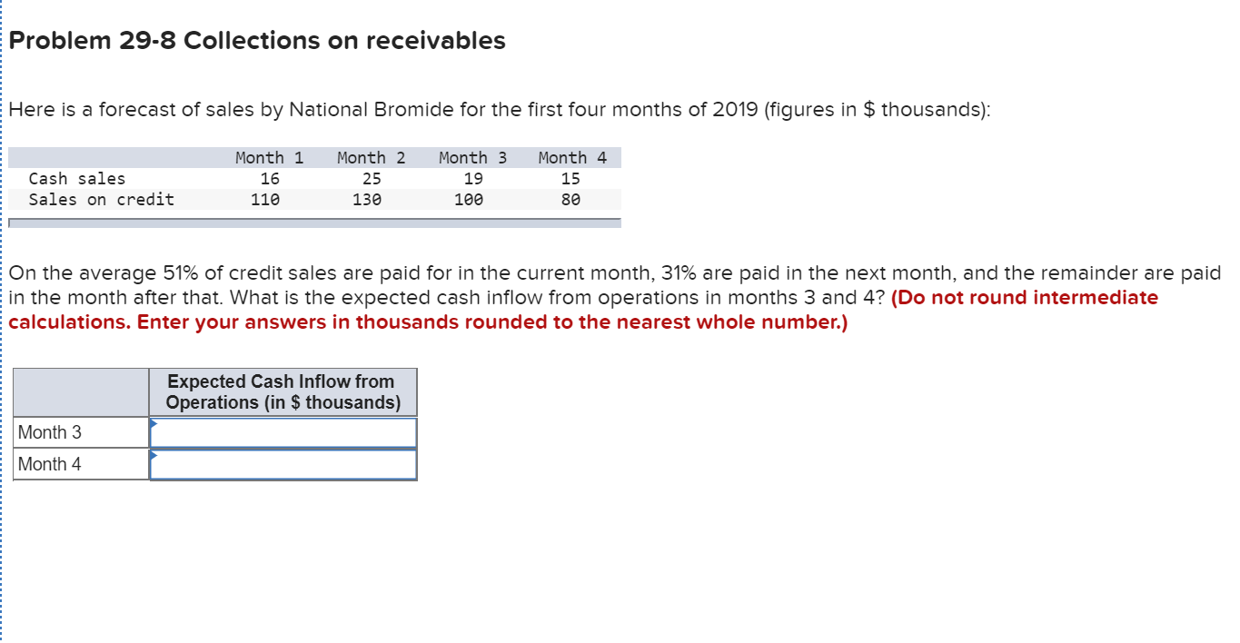 Problem 29-8 Collections on receivables
Here is a forecast of sales by National Bromide for the first four months of 2019 (figures in $ thousands):
Month 1
Month 2
Month 3
Month 4
Cash sales
16
25
19
15
Sales on credit
110
130
100
80
On the average 51% of credit sales are paid for in the current month, 31% are paid in the next month, and the remainder are paid
in the month after that. What is the expected cash inflow from operations in months 3 and 4? (Do not round intermediate
calculations. Enter your answers in thousands rounded to the nearest whole number.)
Expected Cash Inflow from
Operations (in $ thousands)
Month 3
Month 4
