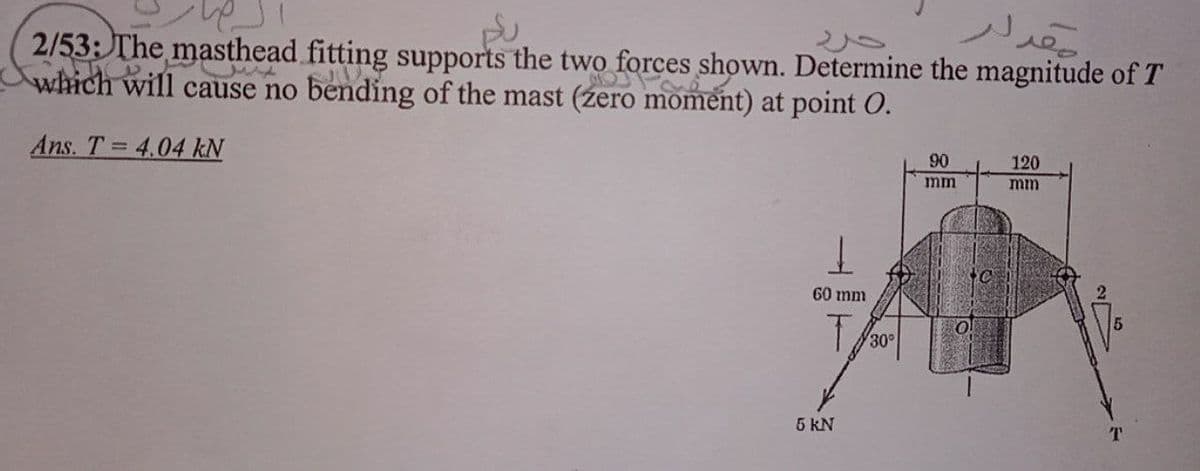 2/53: The masthead fitting supports the two forces shown. Determine the magnitude of T
which will cause no bending of the mast (zero moment) at point O.
Ans. T = 4.04 kN
90
120
mm
mm
60 mm
30
5 kN
