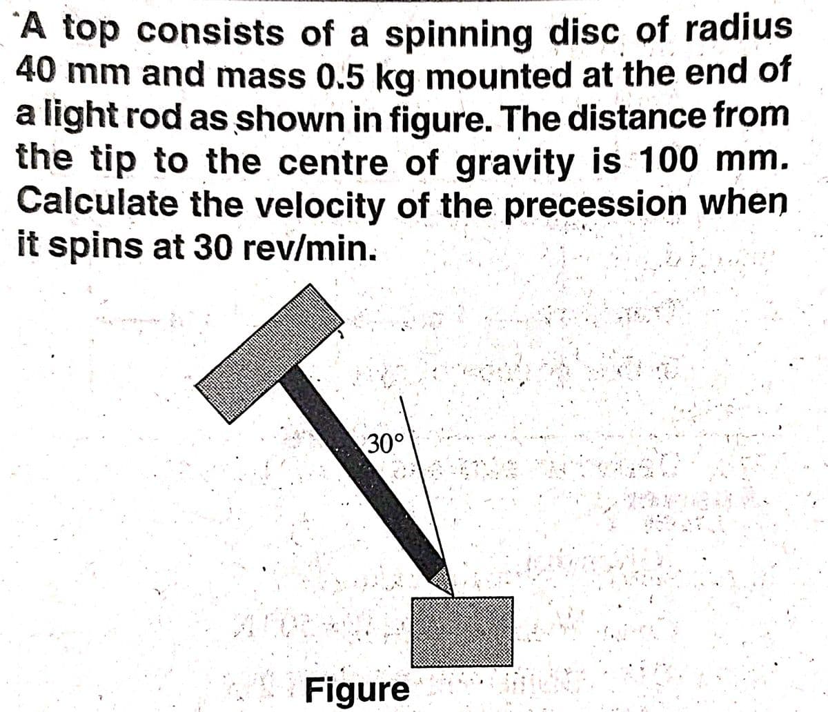 A top consists of a spinning disc of radius
40 mm and mass 0.5 kg mounted at the end of
a light rod as shown in figure. The distance from
the tip to the centre of gravity is 100 mm.
Calculate the velocity of the precession when
it spins at 30 rev/min.
30°
Figure
