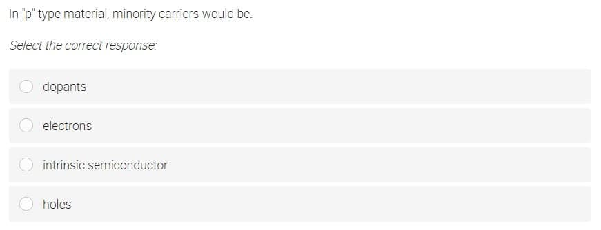 In "p" type material, minority carriers would be:
Select the correct response:
dopants
electrons
intrinsic semiconductor
holes
