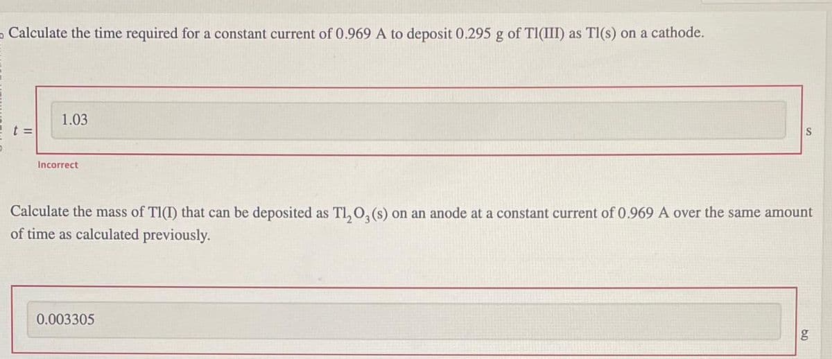 Calculate the time required for a constant current of 0.969 A to deposit 0.295 g of T1(III) as Tl(s) on a cathode.
1.03
Incorrect
S
Calculate the mass of TI(I) that can be deposited as Tl₂ O3(s) on an anode at a constant current of 0.969 A over the same amount
of time as calculated previously.
0.003305
g