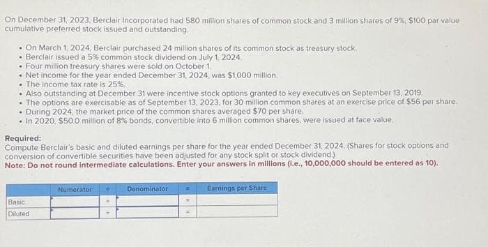 On December 31, 2023, Berclair Incorporated had 580 million shares of common stock and 3 million shares of 9%, $100 par value
cumulative preferred stock issued and outstanding.
• On March 1, 2024, Berclair purchased 24 million shares of its common stock as treasury stock.
• Berclair issued a 5% common stock dividend on July 1, 2024.
• Four million treasury shares were sold on October 1,
• Net income for the year ended December 31, 2024, was $1,000 million.
• The income tax rate is 25%.
• Also outstanding at December 31 were incentive stock options granted to key executives on September 13, 2019.
• The options are exercisable as of September 13, 2023, for 30 million common shares at an exercise price of $56 per share,
. During 2024, the market price of the common shares averaged $70 per share.
• In 2020, $50,0 million of 8% bonds, convertible into 6 million common shares, were issued at face value.
.
Required:
Compute Berclair's basic and diluted earnings per share for the year ended December 31, 2024. (Shares for stock options and
conversion of convertible securities have been adjusted for any stock split or stock dividend.)
Note: Do not round intermediate calculations. Enter your answers in millions (i.e., 10,000,000 should be entered as 10).
Basic
Diluted
Numerator
+
Denominator
=
=
=
Earnings per Share