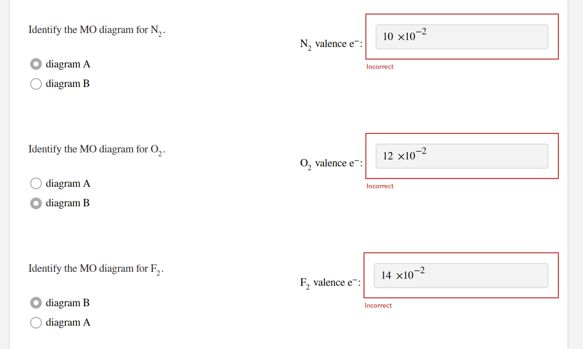 Identify the MO diagram for N,.
-2
10 x10
N, valence e-:
diagram A
Incorrect
diagram B
Identify the MO diagram for O,.
О, valence e :
12 х10-2
diagram A
Incorrect
O diagram B
Identify the MO diagram for F,.
F, valence e:
14 x10-2
diagram B
Incorrect
diagram A
