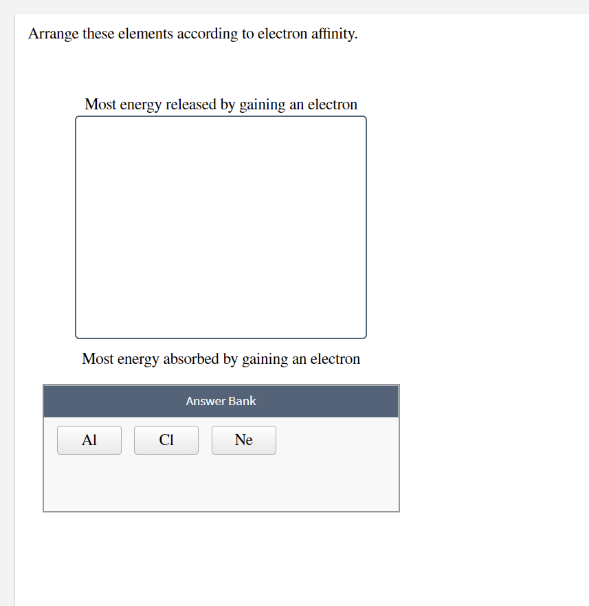 Arrange these elements according to electron affinity.
Most energy released by gaining an electron
Most energy absorbed by gaining an electron
Answer Bank
Al
CI
Ne
