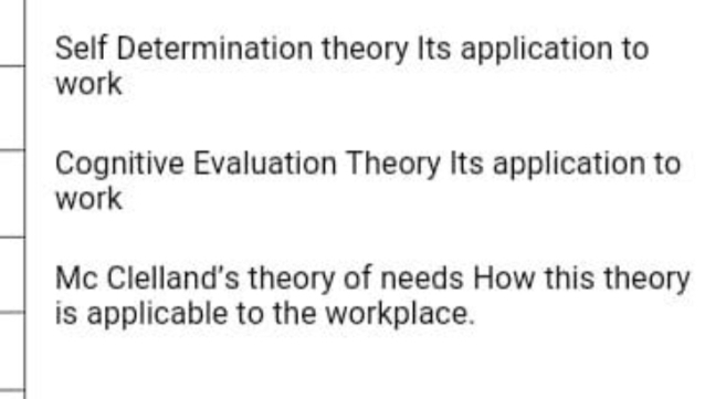 Self Determination theory Its application to
work
Cognitive Evaluation Theory Its application to
work
Mc Clelland's theory of needs How this theory
is applicable to the workplace.
