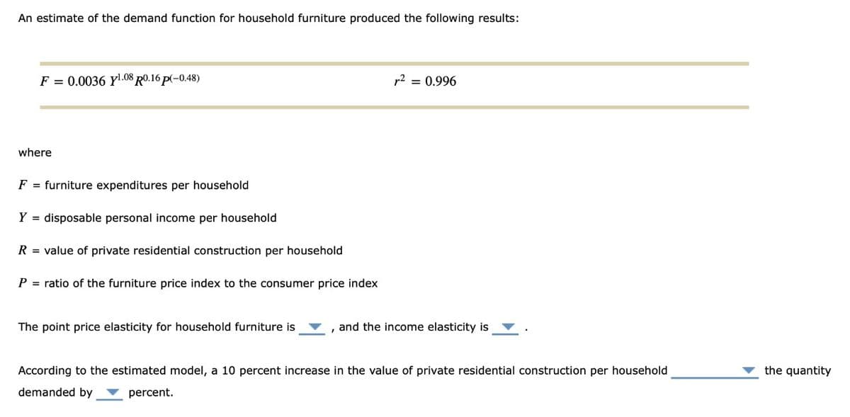 An estimate of the demand function for household furniture produced the following results:
F = 0.0036 Y¹.08 R0.16 p(-0.48)
where
F = furniture expenditures per household
Y = disposable personal income per household
R = value of private residential construction per household
P = ratio of the furniture price index to the consumer price index
The point price elasticity for household furniture is
r² = 0.996
and the income elasticity is
According to the estimated model, a 10 percent increase in the value of private residential construction per household
demanded by
percent.
the quantity