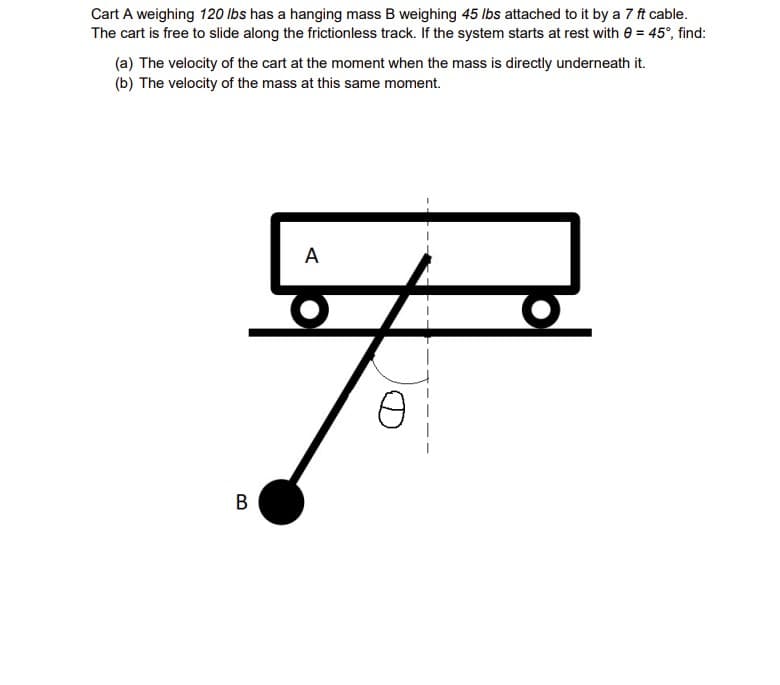 Cart A weighing 120 lbs has a hanging mass B weighing 45 lbs attached to it by a 7 ft cable.
The cart is free to slide along the frictionless track. If the system starts at rest with 8 = 45°, find:
(a) The velocity of the cart at the moment when the mass is directly underneath it.
(b) The velocity of the mass at this same moment.
A
F
B