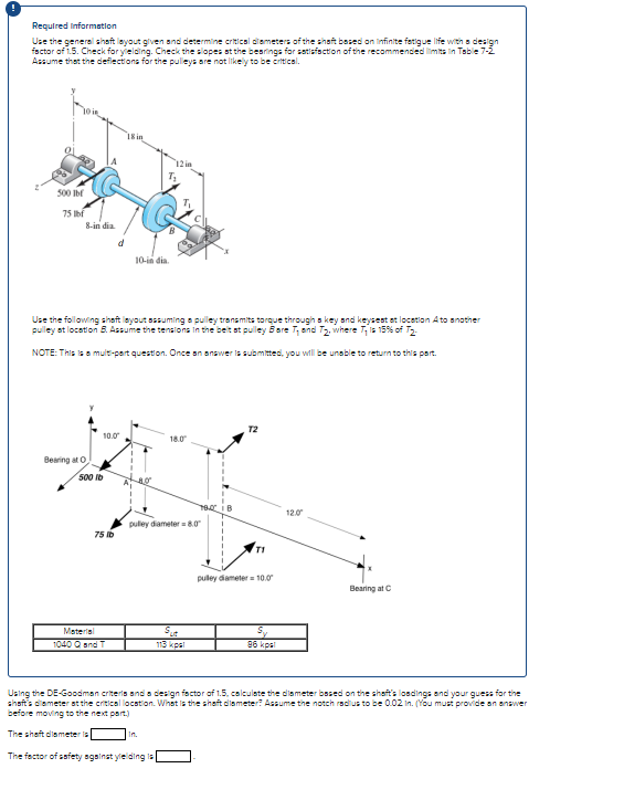 Required Information
Use the general shaft layout given and determine critical diameters of the shaft based on infinite fatigue life with a design
factor of 1.5. Check for yielding. Check the slopes at the bearings for satisfaction of the recommended limits in Table 7-2
Assume that the deflections for the pulleys are not likely to be critical.
500 lbf
75 lbf
8-in dia.
Bearing at O
10.0⁰
Use the following shaft layout assuming a pulley transmits torque through s key and keysest at location Ato another
pulley at location B. Assume the tensions in the belt at pulley Bare T, and T2, where Tis 15% of T2-
NOTE: This is a multi-part question. Once an answer is submitted, you will be unable to return to this part.
500 lb
75 lb
18 in
Material
1040 Q and T
10-india.
12 i
18.0
In.
pulley diameter = 8.0"
TOα iB
Sut
113 kpl
T2
71
pulley diameter 10.0
86 kpl
12.0
Bearing at C
Using the DE-Goodman criteris and a design factor of 1.5, calculate the diameter based on the shaft's loadings and your guess for the
shaft's diameter at the critical location. What is the shaft diameter? Assume the notch raclius to be 0.02 In. (You must provide an answer
before moving to the next part.)
The shaft diameter is
The factor of safety against yielding is