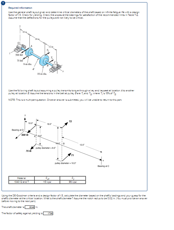 Required Information
Use the general shaft layout given and determine critical diameters of the shaft based on infinite fatigue life with a design
factor of 1.5. Check for yielding. Check the slopes at the bearings for satisfaction of the recommended limits in Table 7-2
Assume that the deflections for the pulleys are not likely to be critical.
500 lbf
75 lbf
8-in dia.
Bearing at O
Use the following shaft layout assuming a pulley transmits torque through skey and keysest at location A to another
pulley at location B. Assume the tensions in the belt st pulley Bare T, and T2, where T₁ s 15% of T2-
NOTE: This is a multi-part question. Once an answer is submitted, you will be unable to return to this part.
10.0⁰
500 lb
d
75 lb
Material
1040 Q and T
10-india.
12 in
18.0
Pulley diameter 8.0"
Sut
113 kpl
TI
pulley diameter 10.0
86 kpl
12.0
Bearing at C
Using the DE-Goodman criteris and a design factor of 1.5, calculate the diameter based on the shaft's loadings and your guess for the
shaft's diameter at the critical location. What is the shaft diameter? Assume the notch radius to be 0.02 In. (You must provide an answer
before moving to the next part.)
The shaft diameter is 8046 In.
The factor of safety against yielding is 1736