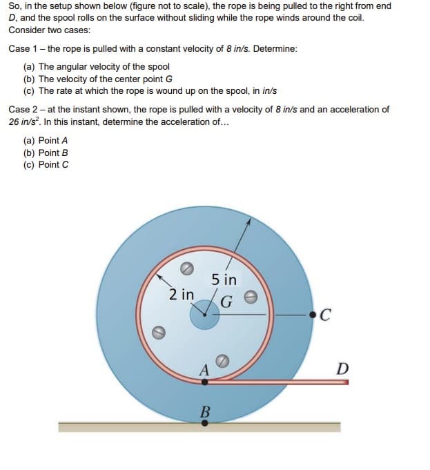 So, in the setup shown below (figure not to scale), the rope is being pulled to the right from end
D, and the spool rolls on the surface without sliding while the rope winds around the coil.
Consider two cases:
Case 1- the rope is pulled with a constant velocity of 8 in/s. Determine:
(a) The angular velocity of the spool
(b) The velocity of the center point G
(c) The rate at which the rope is wound up on the spool, in in/s
Case 2 - at the instant shown, the rope is pulled with a velocity of 8 in/s and an acceleration of
26 in/s². In this instant, determine the acceleration of...
(a) Point A
(b) Point B
(c) Point C
5 in
2 in G
B
•C
с
D