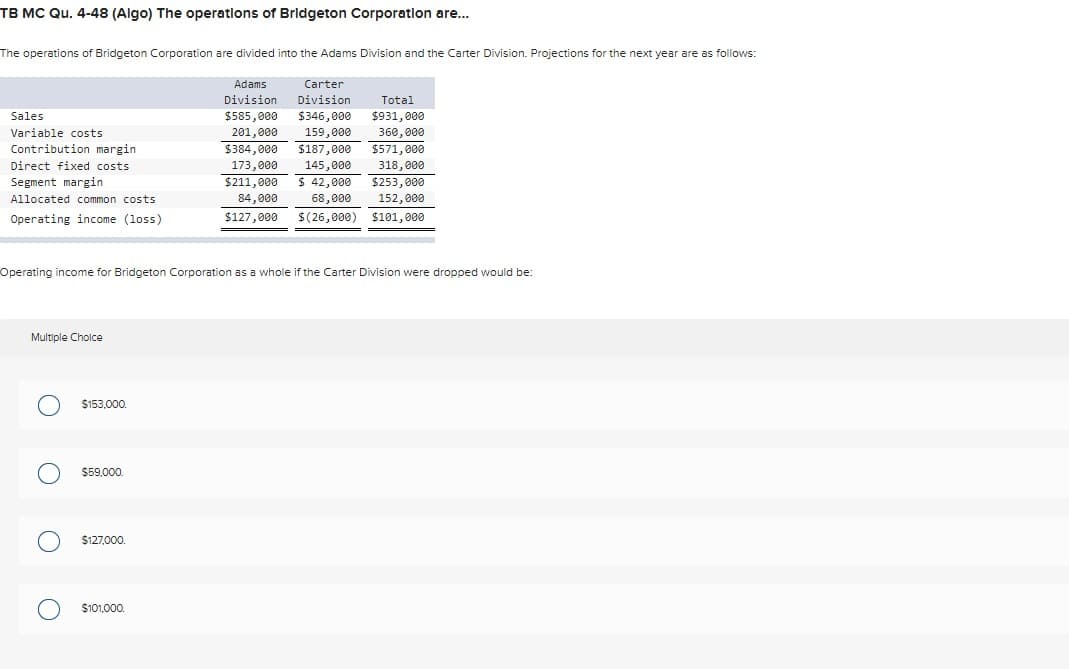 TB MC Qu. 4-48 (Algo) The operations of Bridgeton Corporation are...
The operations of Bridgeton Corporation are divided into the Adams Division and the Carter Division. Projections for the next year are as follows:
Adams
Carter
Division Division
Total
$585,000 $346,000 $931,000
201,000
159,000
360,000
$384,000
$571,000
173,000
318,000
$211,000
$253,000
84,000
152,000
$127,000
$101,000
Sales
Variable costs
Contribution margin
Direct fixed costs
Segment margin
Allocated common costs
Operating income (loss)
Operating income for Bridgeton Corporation as a whole if the Carter Division were dropped would be:
Multiple Choice
O $153,000.
O
O
$59,000.
$127,000.
$187,000
145,000
$ 42,000
68,000
$(26,000)
O $101,000.