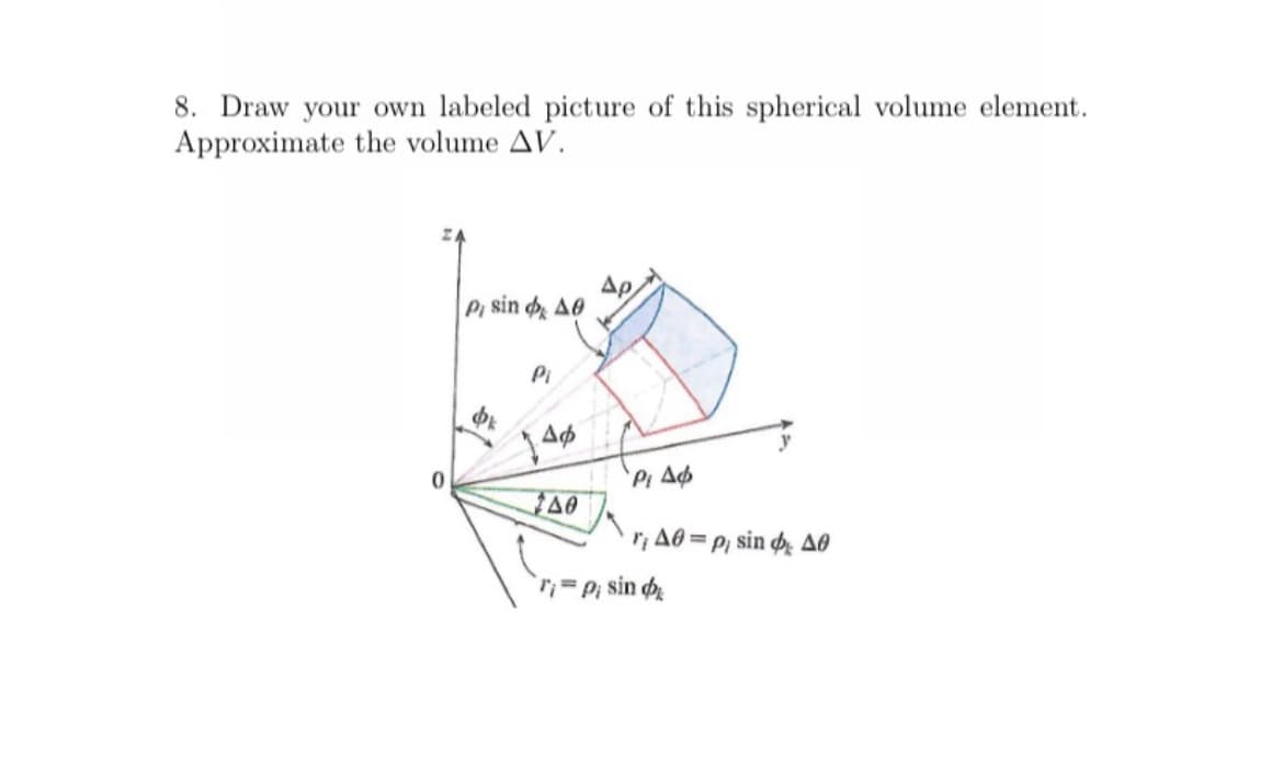 8. Draw your own labeled picture of this spherical volume element.
Approximate the volume AV.
0
P, sin A
ok
Pi
146
740
Ap
P₁ A
r; A0 = p; sin & A0
Tip; sin d