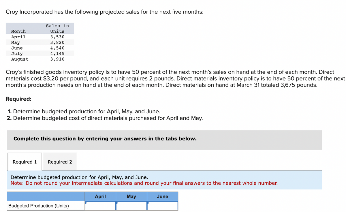 Croy Incorporated has the following projected sales for the next five months:
Month
April
May
June
July
August
Sales in
Units
3,530
3,820
4,540
4,145
3,910
Croy's finished goods inventory policy is to have 50 percent of the next month's sales on hand at the end of each month. Direct
materials cost $3.20 per pound, and each unit requires 2 pounds. Direct materials inventory policy is to have 50 percent of the next
month's production needs on hand at the end of each month. Direct materials on hand at March 31 totaled 3,675 pounds.
Required:
1. Determine budgeted production for April, May, and June.
2. Determine budgeted cost of direct materials purchased for April and May.
Complete this question by entering your answers in the tabs below.
Required
Required
Determine budgeted production for April, May, and June.
Note: Do not round your intermediate calculations and round your final answers to the nearest whole number.
Budgeted Production (Units)
April
May
June