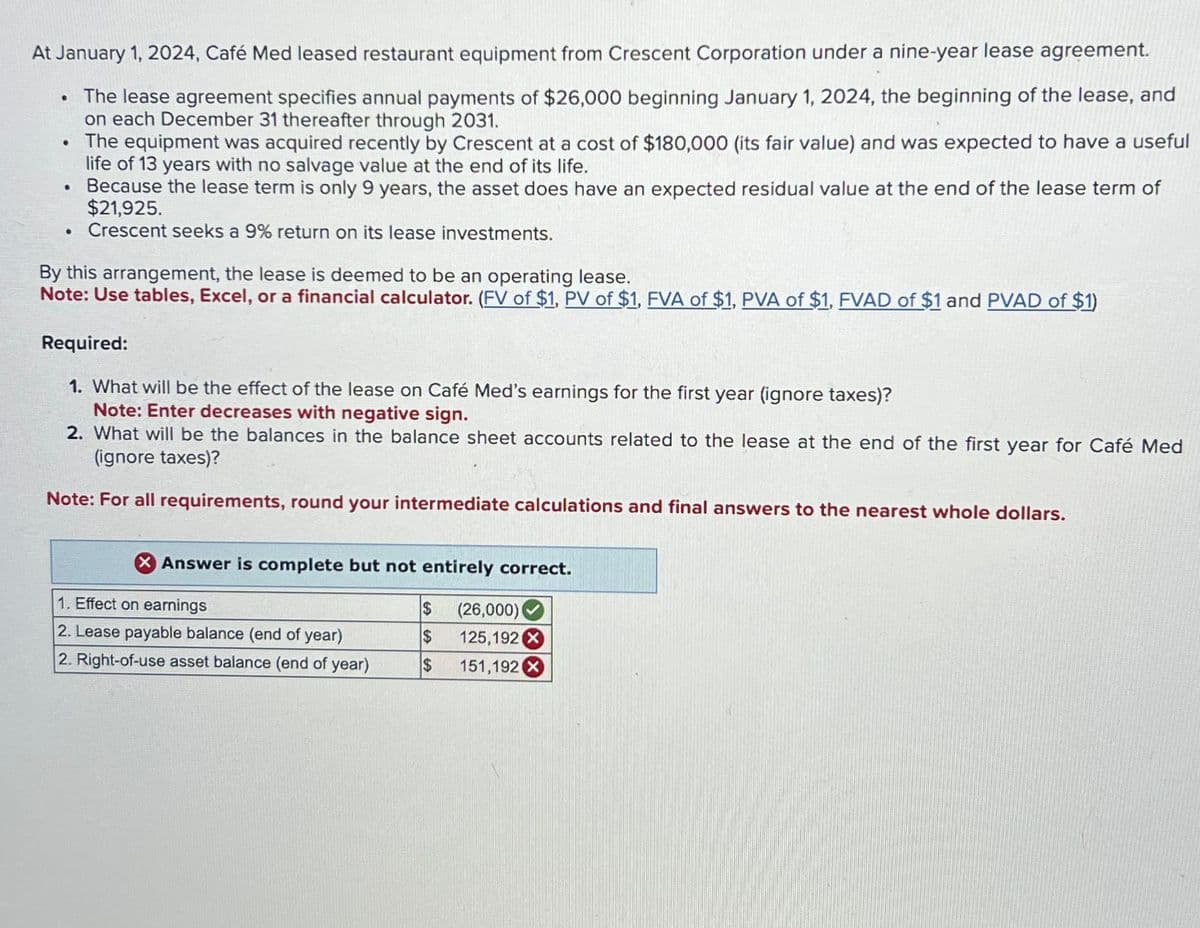 At January 1, 2024, Café Med leased restaurant equipment from Crescent Corporation under a nine-year lease agreement.
The lease agreement specifies annual payments of $26,000 beginning January 1, 2024, the beginning of the lease, and
on each December 31 thereafter through 2031.
●
The equipment was acquired recently by Crescent at a cost of $180,000 (its fair value) and was expected to have a useful
life of 13 years with no salvage value at the end of its life.
•
•
Because the lease term is only 9 years, the asset does have an expected residual value at the end of the lease term of
$21,925.
• Crescent seeks a 9% return on its lease investments.
By this arrangement, the lease is deemed to be an operating lease.
Note: Use tables, Excel, or a financial calculator. (FV of $1, PV of $1, FVA of $1, PVA of $1, FVAD of $1 and PVAD of $1)
Required:
1. What will be the effect of the lease on Café Med's earnings for the first year (ignore taxes)?
Note: Enter decreases with negative sign.
2. What will be the balances in the balance sheet accounts related to the lease at the end of the first year for Café Med
(ignore taxes)?
Note: For all requirements, round your intermediate calculations and final answers to the nearest whole dollars.
X Answer is complete but not entirely correct.
1. Effect on earnings
2. Lease payable balance (end of year)
2. Right-of-use asset balance (end of year)
$
$
$
(26,000)
125,192 X
151,192 X